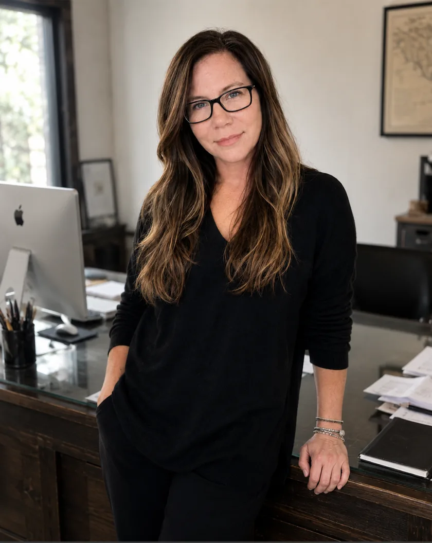Suzanne, founder of Mobile Business Builders, standing at her desk in her studio
